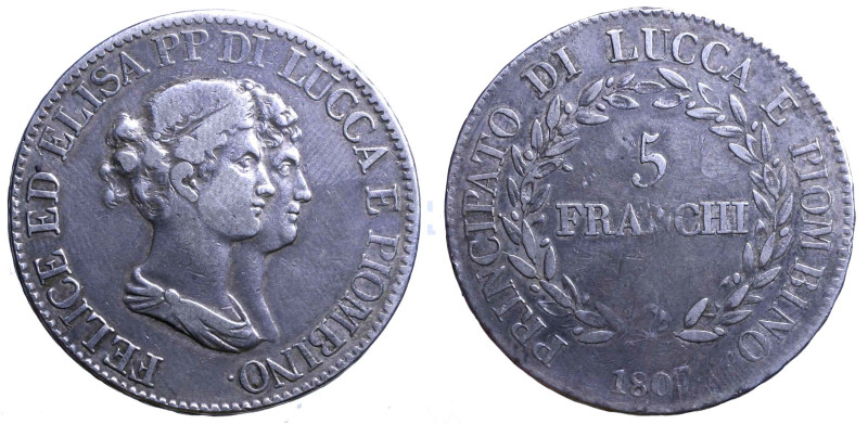 LUCCA. Felice Baciocchi e Elisa Bonaparte (1805-1814) 5 franchi 1807. Volti acco...