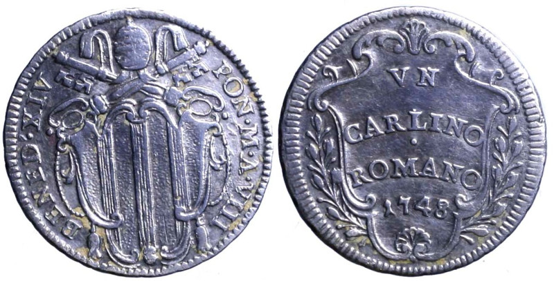 ROMA. Benedetto XIV (1740-1758) Carlino 1748/ VIII. Stemma R/ VN/ CARLINO/ ROMAN...