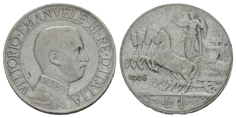 Regno d'Italia. Vittorio Emanuele III (1900-1943). 1 Lira 1908 "Quadriga Veloce"...