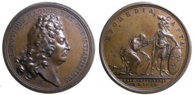 IVREA. Luigi XIV di Borbone (Re di Francia), 1638-1715. Medaglia 1704 per la presa di Ivrea. (opus: J. Mauger) (mm. 41,4) D/ Testa volta a ds. R/ EPOR...