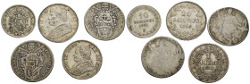 Zecche Italiane. Stato Pontificio. Pio IX - Clemente XIII - Clemente XIV. Lotto di 5 monete AR: 1 lira 1866; 10 baiocchi 1861; 20 Baiocchi 1865; quint...