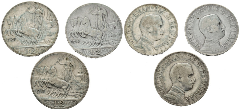 Regno d'Italia. Lotto di 3 monete da 2 lire Quadriga Veloce (1908 - 1910 - 1912)