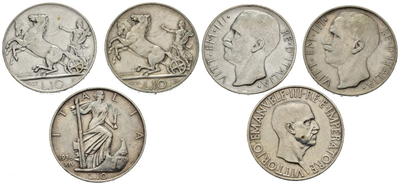 Regno d'Italia. Lotto di 3 monete da 10 lire (1936 - 1928 *una rosetta - 1927 **...