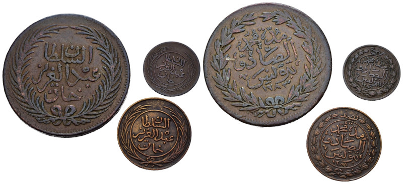 TUNISIA. Abdul Aziz (1860-1876) AH 1277-1293. Lotto di 3 monete: 2 Kharub; 1/2 K...