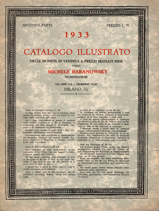 BARANOSWKY MICHELE – Milano, 1933. Catalogo illustrato delle monete in vendita a...