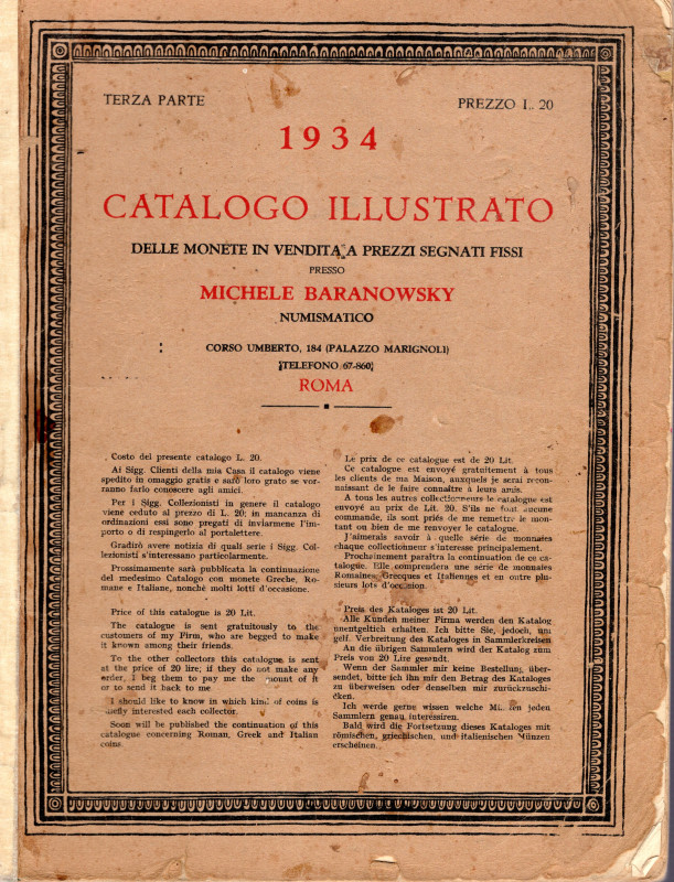 BARANOWSKY M. – Roma, 1934. Catalogo a prezzi fissi III parte. Monete greche, ro...