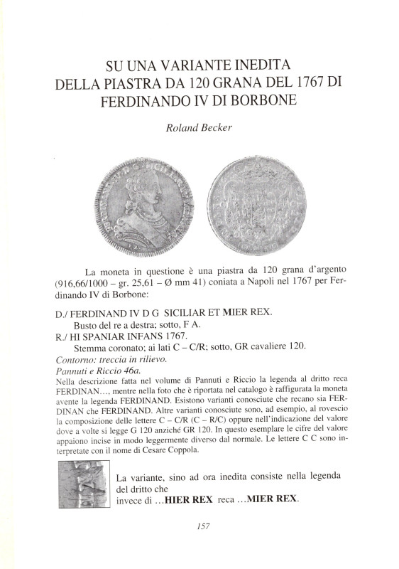 BEKER R. - Su una variante inedita della piastra da 120 grana del 1767 di Ferdin...