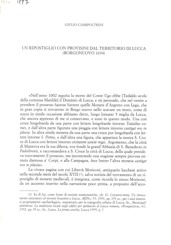 CIAMPOLTRINI G. - Un ripostiglio con provisini dal territorio di Lucca( Borgonov...