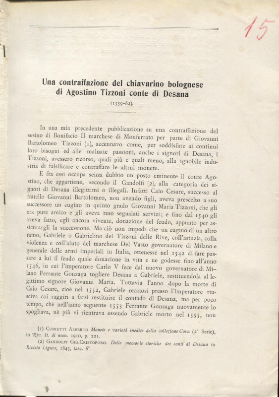 CUNIETTI - CUNIETTI A. - Una contraffazione del chiavarino bolognese di Agostino...