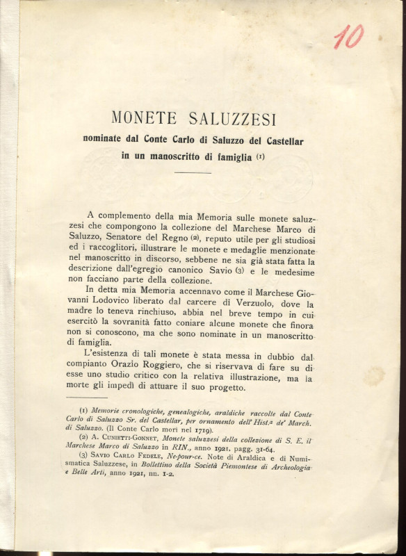 CUNIETTI - CUNIETTI A. - Monete Saluzzesi nominate dal Conte di Saluzzo del Cast...