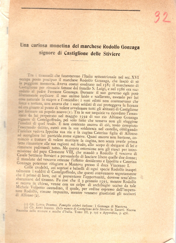 CUNIETTI-CUNIETTI A. - Una curiosa monetina del Marchese Rodolfo gonzaga signore...