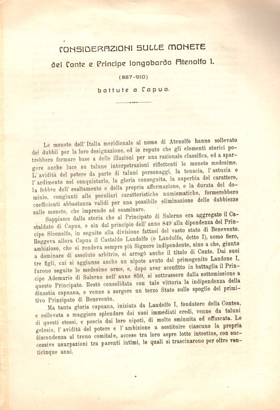 DELL'ERBA L. - Considerazioni sulle monete del Conte e Principe longobardo Ateno...