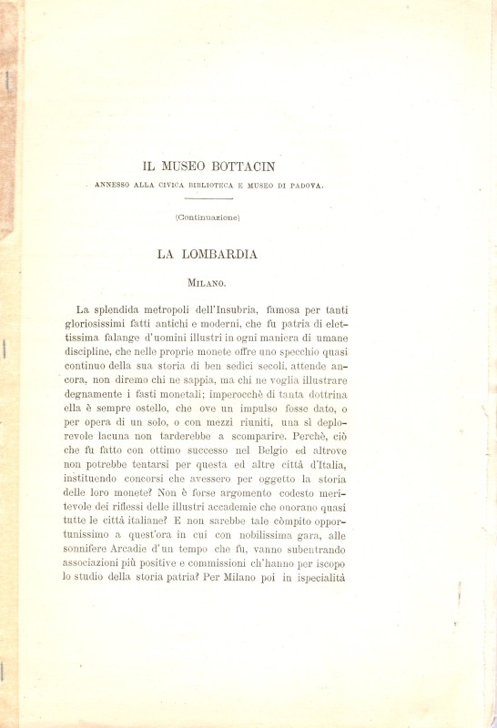 KUNZ C. - Il Museo Bottacin. LOMBARDIA. Milano, Cremona, Masegra, Pavia,Brescia,...