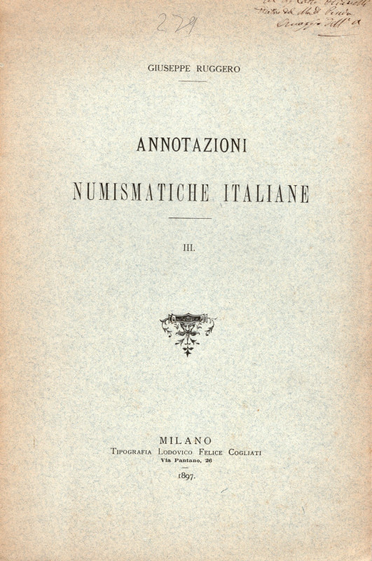 RUGGERO G. - Annotazioni numismatiche italiane N° III.Dezana, Modena o Urbino?Co...