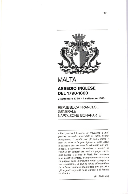 TRAINA M. - MALTA. Assedio inglese del 1798-1800. Bologna,1976. pp 451-475, tavo...