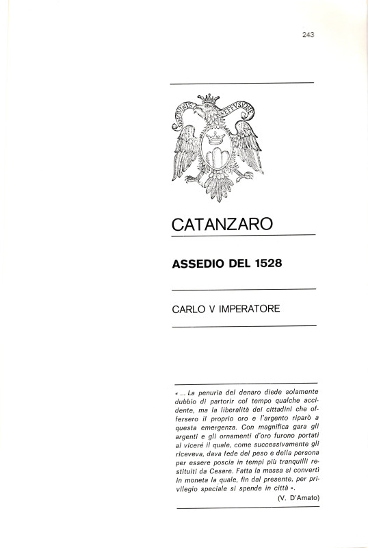 TRAINA M. - CATANZARO. Assedio del 1528. Carlo V Imperatore. Bologna, 1976. pp 2...