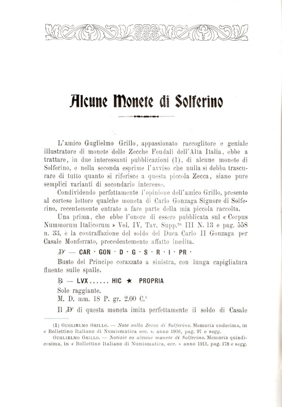 TRIBOLATI P. - Alcune monete di Solferino. Milano, 1915. pp 2, ill. nel testo. b...