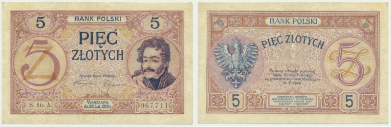 5 złotych 1919 - S.16. A. - Potrzebny typologicznie banknot.&nbsp; Odmiana dwucy...