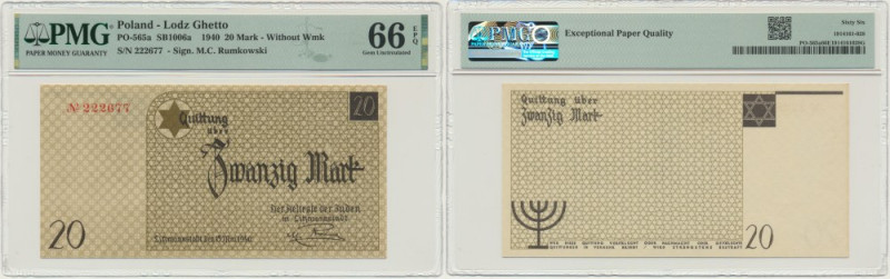 20 Mark 1940 - no. 1 without watermark - PMG 66 Odmiana z numeratorem typu pierw...