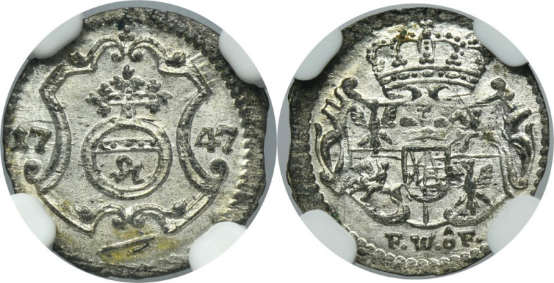 Augustus III of Poland, 1 Pfennig Dresden 1747 FWôF - NGC MS66 Variety with init...