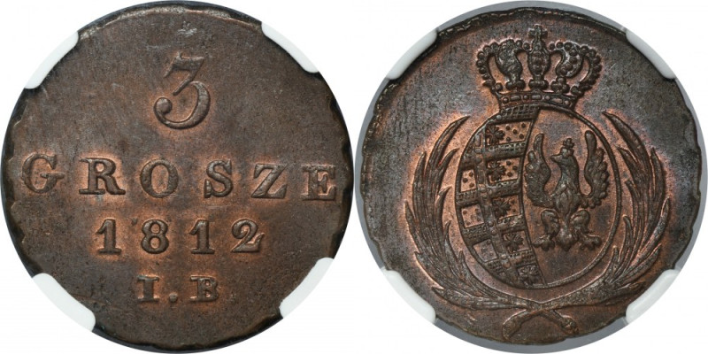 Duchy of Warsaw, 3 groschen Warsaw 1812 IB - NGC MS64 BN Miedziana moneta z Księ...