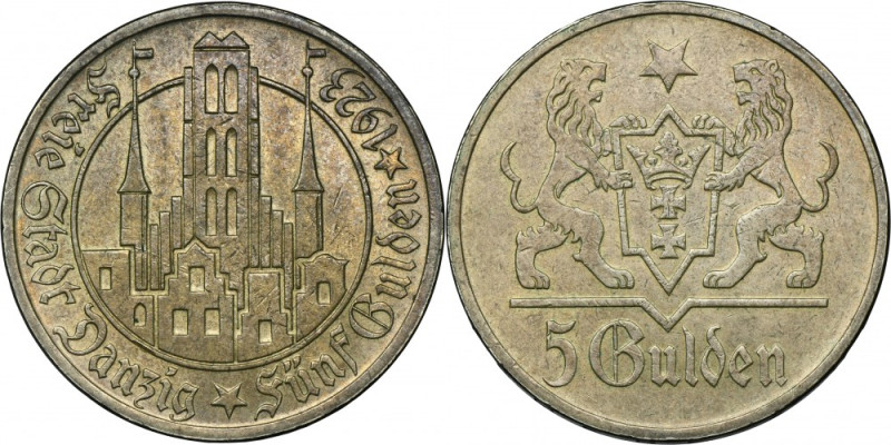 Free City of Danzig, 5 gulden 1923 Church - BEAUTIFUL Mint state coin that exhib...