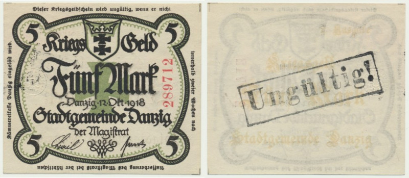 Danzig, 5 Mark 1918 - no watermark - Variant with red serial number, printed on ...