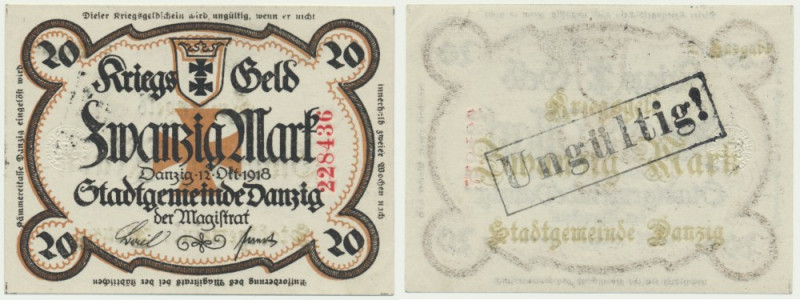 Danzig, 20 Mark 1918 - no watermark - Variety with red serial number. Print on p...