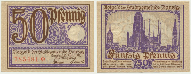 Danzig, 50 Pfennig 1919 - purple - Imperfections around corners that affect the ...