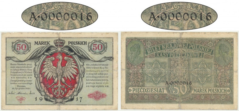 50 marek 1916 - Jenerał - A 0000016 - NIEZWYKLE NISKI NUMER Ekstremalnie niski, ...