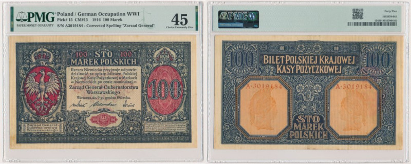 100 marek 1916 - Generał - PMG 45 Banknot w gradingu PMG z oceną PMG 45. Egzempl...