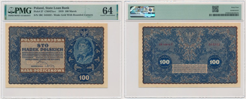 100 marek 1919 - IB Serja C - PMG 64 - rzadsza Lepsza odmiana z numeratorem typu...