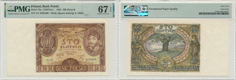 100 złotych 1934 - Ser. AV. - znw. +X+ - PMG 67 EPQ Rzadziej występująca odmiana...