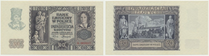 20 złotych 1940 - K - Nagniotka. Egzemplarz w stanie drukarskiej świeżości.
Ref...