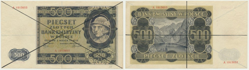 500 złotych 1940 - WZÓR PRODUKCYJNY - A - Egzemplarz przekreślony dwoma czarnymi...