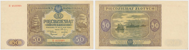 50 złotych 1946 - H - Banknot złamany przez pole zadrukowane. Subtelnie oczyszcz...