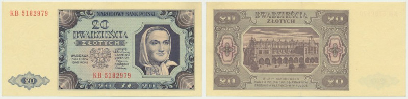 20 złotych 1948 - KB - Banknot złamany przez pole zadrukowane.
Reference: Miłcz...