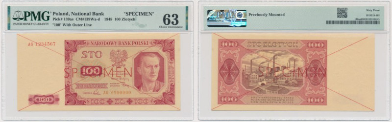 100 złotych 1948 - SPECIMEN - AG 1234567/8900000 - PMG 63 &nbsp; Wariant wzoru o...