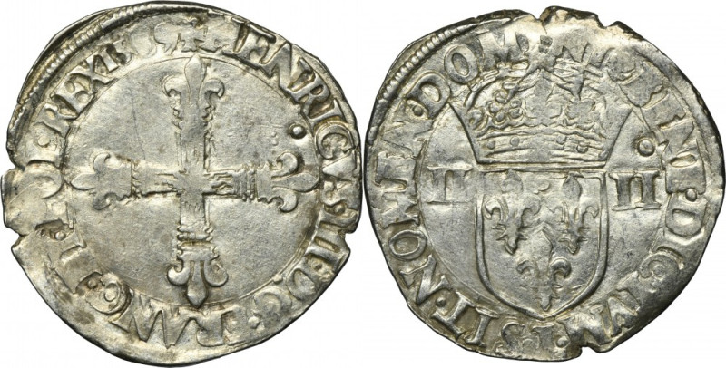 Henry III of France, 1/4 Ecu Nantes 1589 T Variety with title on the obverse and...