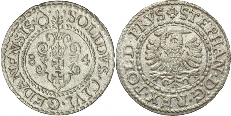 Stephen Bathory, Schilling Danzig 1584 Variety with abbreviated date on sides of...