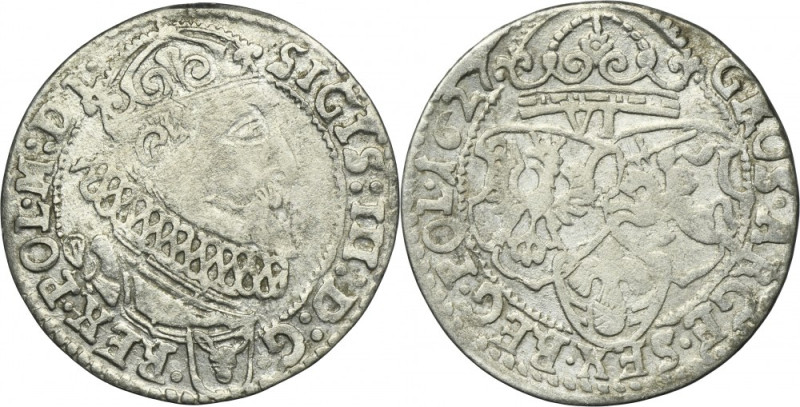 Sigismund III Vasa, 6 Groschen Krakau 1627 Variety with big head of the king. La...