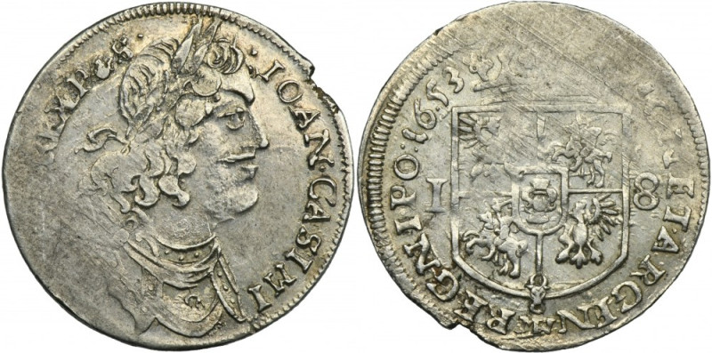 John II Casimir, 1/4 Thaler Fraustadt 1653 MW Variety with a royal bust in a lau...