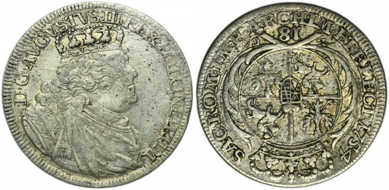 Augustus III of Poland, 1/4 Thaler Leipzig 1754 EC Variety with a cross of the g...