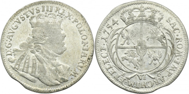 Augustus III of Poland, 6 Groschen Leipzig 1754 EC Vairety with initials EC and ...