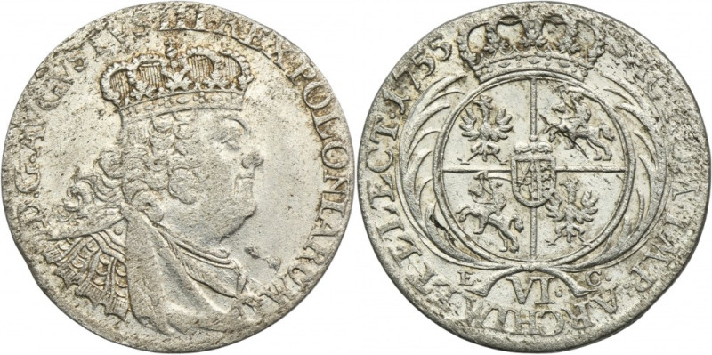 Augustus III of Poland, 6 Groschen Leipzig 1755 EC Variety with wide bust of the...