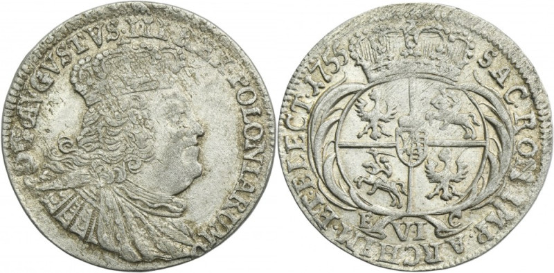 Augustus III of Poland, 6 Groschen Leipzig 1755 EC Variety with wide bust of the...