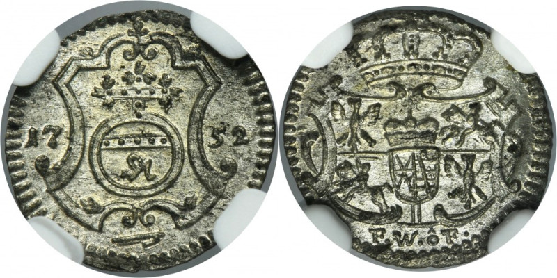 Augustus III of Poland, 1 Pfennig Dresden 1752 FWôF - NGC MS65 Variety with init...