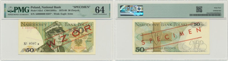 50 złotych 1975 - WZÓR - A 0000000 - No.0507 - PMG 64 &nbsp; Wzór z czerwonym na...