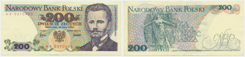 200 złotych 1976 - AA - &nbsp; Bardzo rzadka seria dla stanu UNC.&nbsp;
 Bankno...