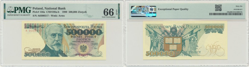 500.000 złotych 1990 - A - PMG 66 EPQ - pierwsza seria - RZADKA Banknot oznaczon...